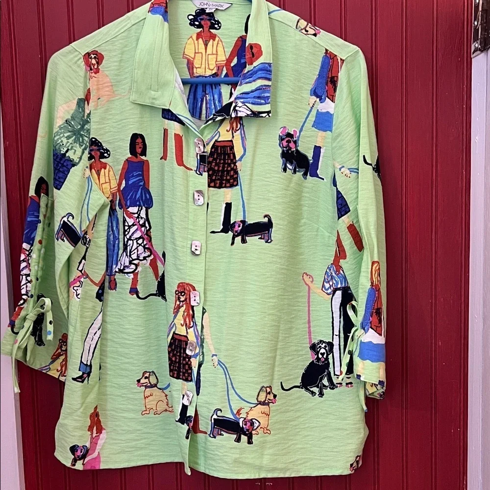 John Mark Green Button Down Shirt with Colorful Dog Print PS